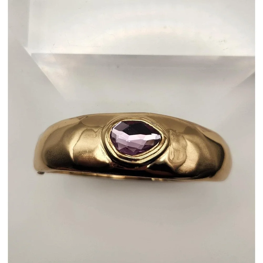Robert Lee Morris RLM SOHO Gold Tone Hinged Bangle Bracelet Purple Crystal